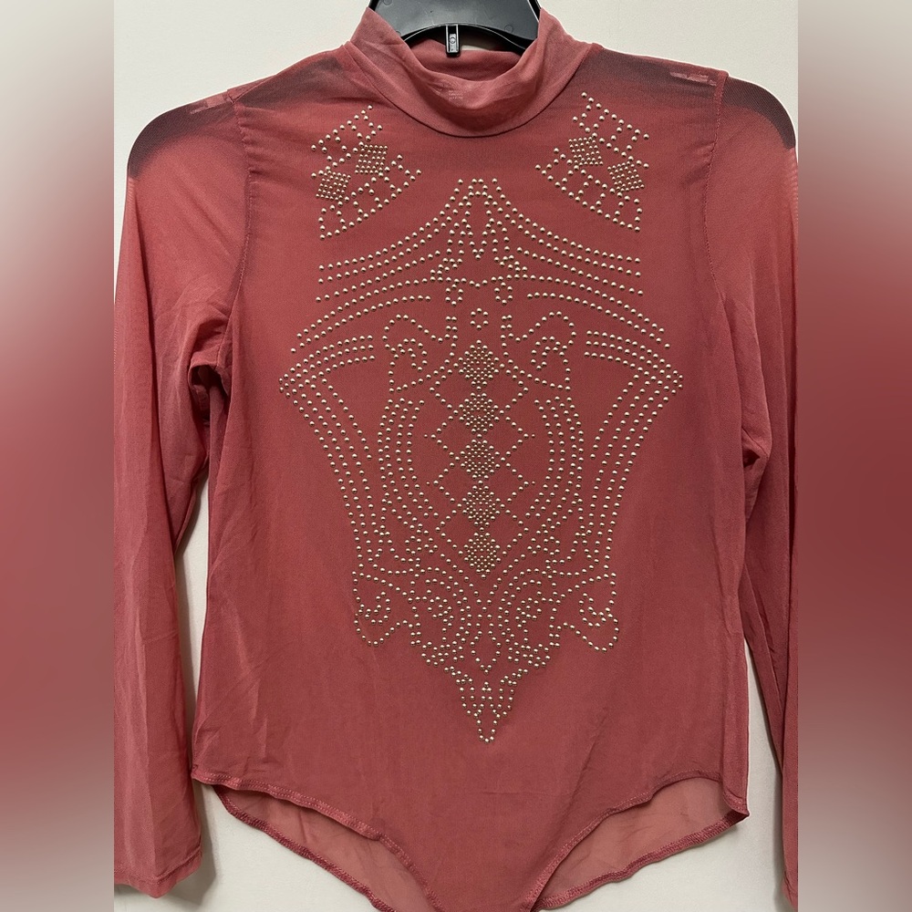 iris Rosewood Studded Mock-Neck Long Sleeve Bodysuit